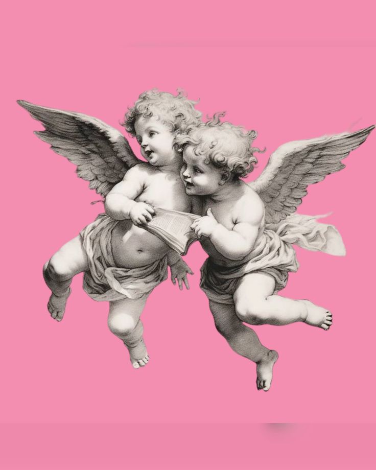 two cherubs flying in the air with their arms around each other on a pink background