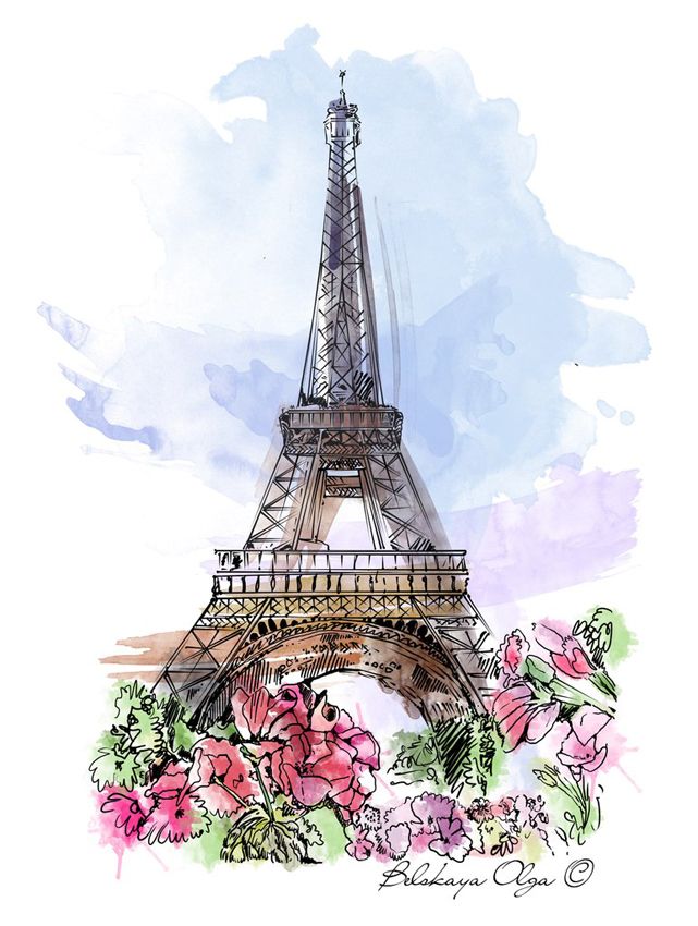 the eiffel tower is painted in watercolor and ink