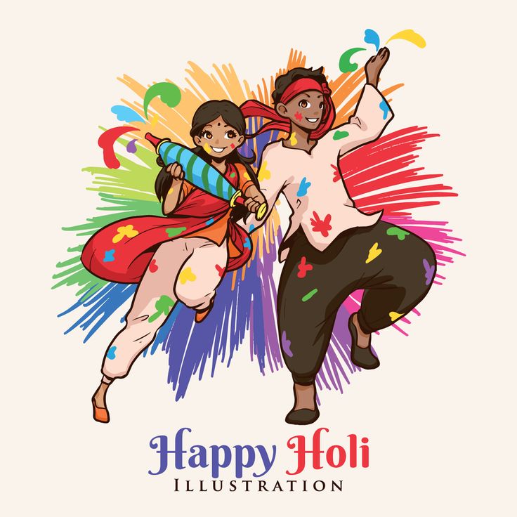 happy holi illustration with two people dancing