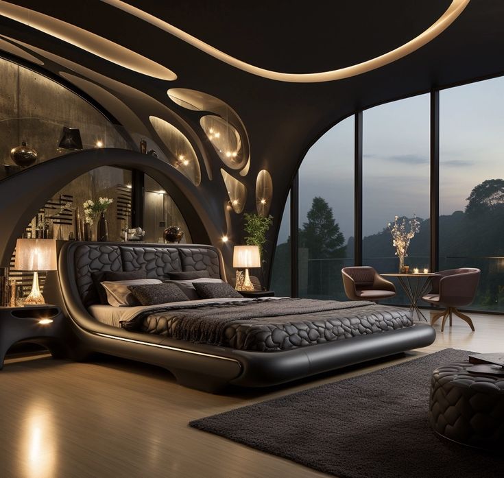 a bedroom with a large bed and lots of lights on the ceiling, along with floor to ceiling windows