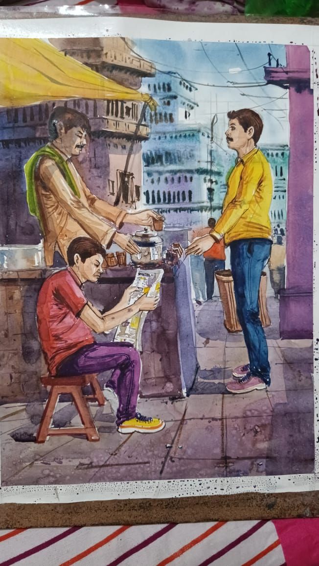 a drawing of two men sitting at a table with another man standing next to them