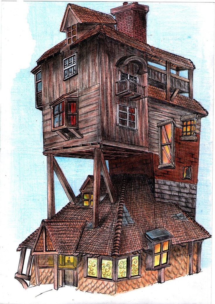 a drawing of a house with stairs going up to the roof and windows on top of it