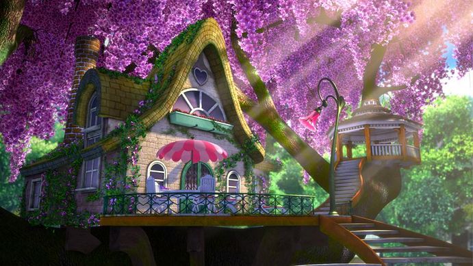 an animated house in the middle of a tree filled forest with purple flowers on it