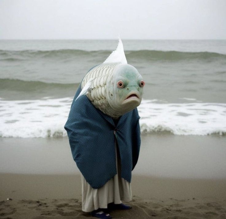 a fish that is standing in the sand near the ocean with a scarf around it's neck