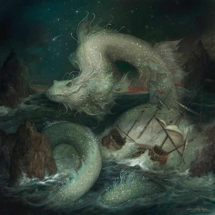 an image of a dragon attacking a boat on the water with another dragon in it's mouth