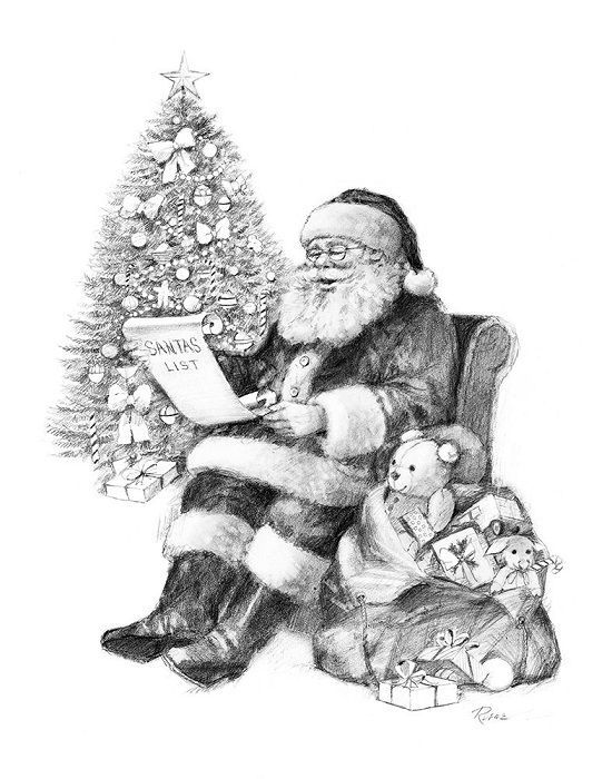 a pencil drawing of santa claus sitting in front of a christmas tree reading a book