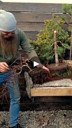 a man with a long beard is sitting on a bench in front of some trees