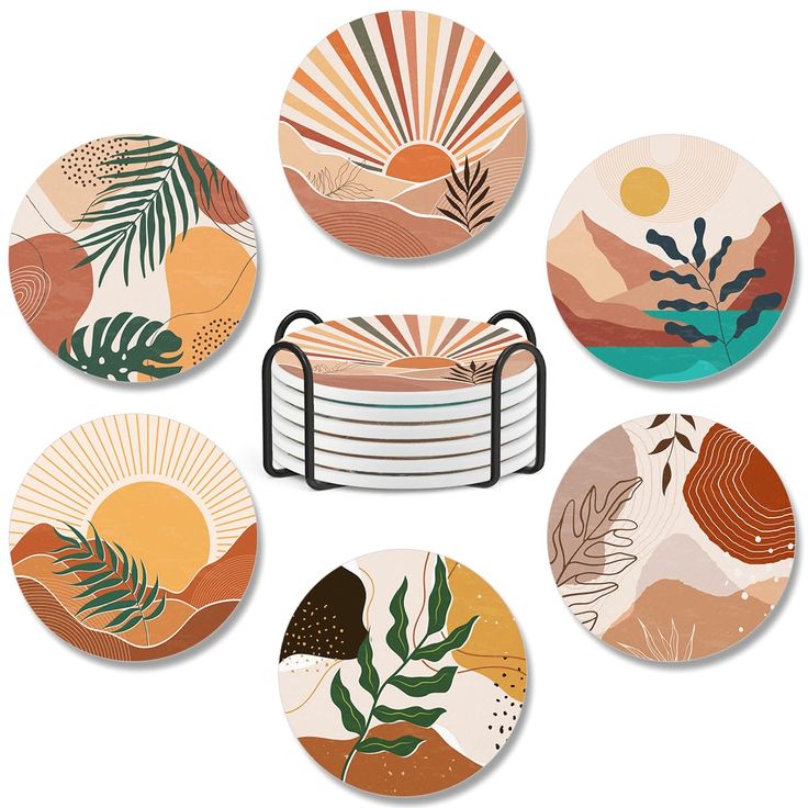 six plates with different designs on them, each featuring an image of the sun and mountains