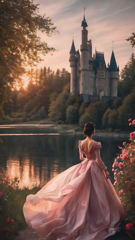 a woman in a pink dress is looking at the castle