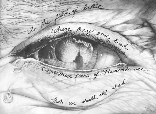 an eye with writing on it and the iris's eyes are drawn in pencil