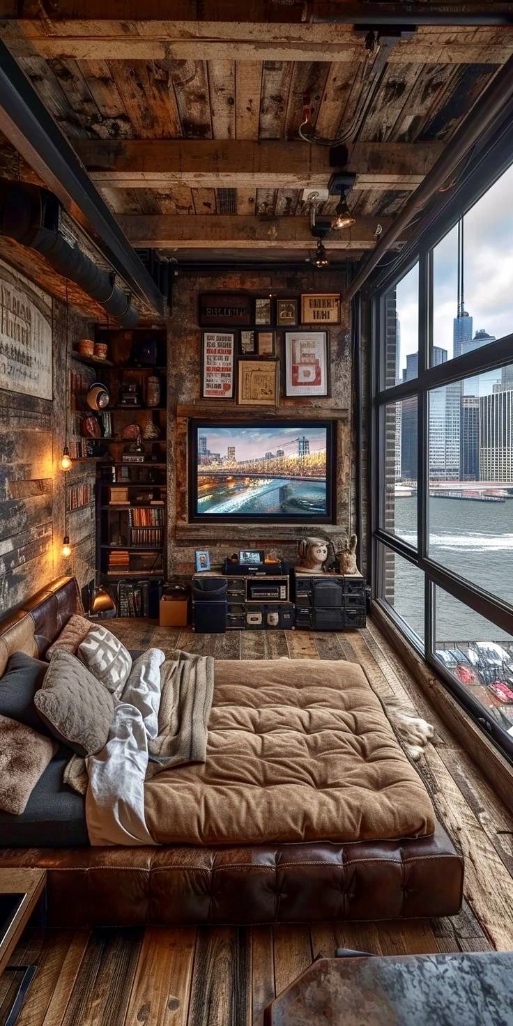 a bedroom with a large bed in the middle and lots of books on the wall