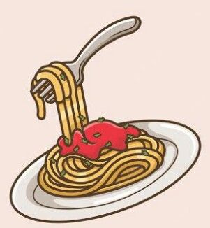 a plate of spaghetti with sauce and a fork sticking out of the top, on a pink background