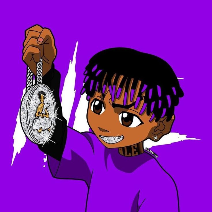 a cartoon character holding up a clock in one hand and chain on the other, with purple background