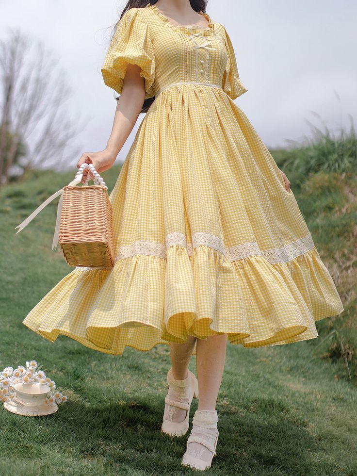 Step into a world of charm and elegance with this delightful Sweet Yellow Plaid Dress. This dress features a graceful ruffle neckline that adds a touch of whimsy to your look. The puff sleeves enhance the overall cuteness, giving you a youthful and playful appearance. At the front, a delicate bow detail sits, drawing attention to the high waist design that flatters your figure beautifully. The classic yellow plaid pattern exudes a sunny and cheerful vibe.  Please this product includes only one d Dress One Piece Fashion, Cheap Cotton School Dresses, Yellow 1800 Dress, Cheap Yellow Vintage Dresses, Long Dress Puffy Sleeves, Cute Outfits Dresses Classy, Kawaii Dress Pattern, Honeycore Dress, Aesthetic One Piece Dress