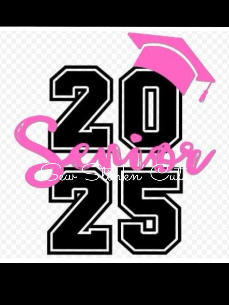 the number twenty and graduation cap is shown in pink on a white background with black lettering