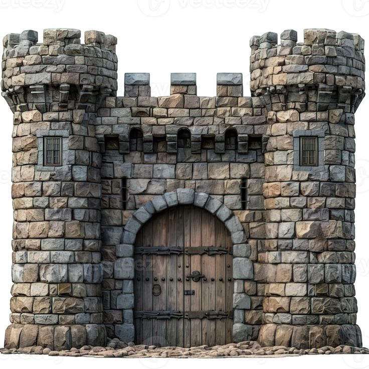 an old stone castle with a wooden door and arched doorway on the outside wall, isolated against a white background