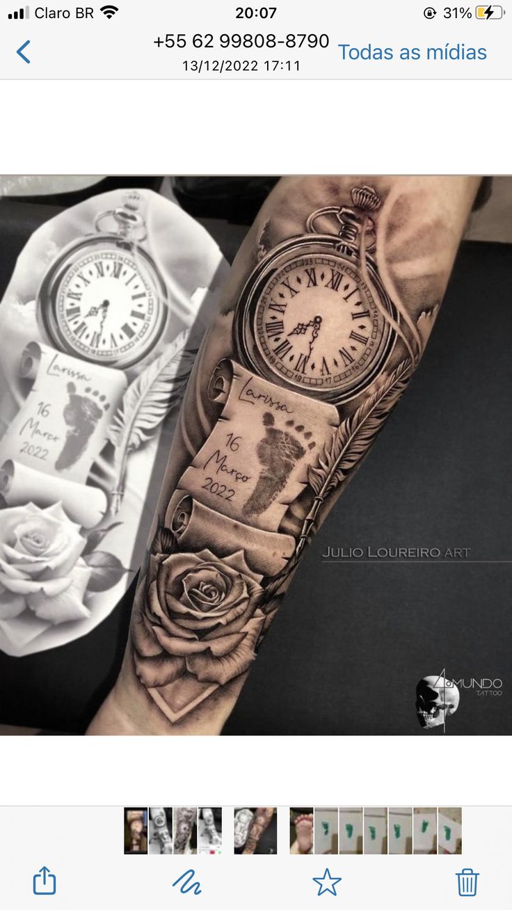 an arm with a clock and roses on it