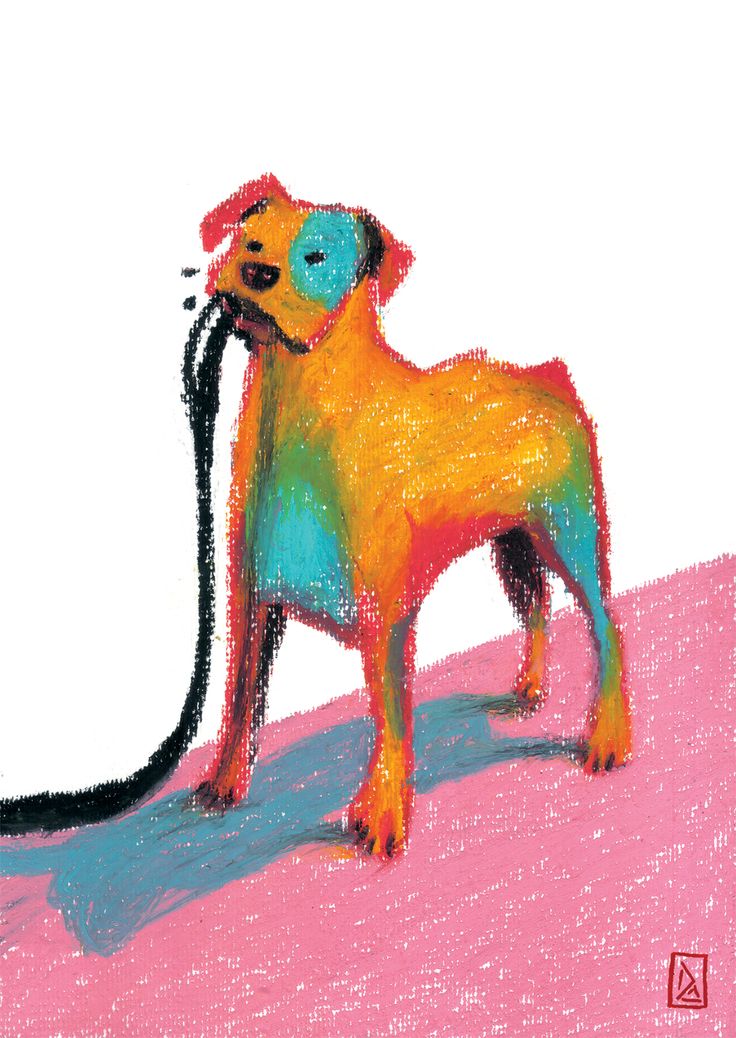 a drawing of a dog with a hose in it's mouth on a pink surface