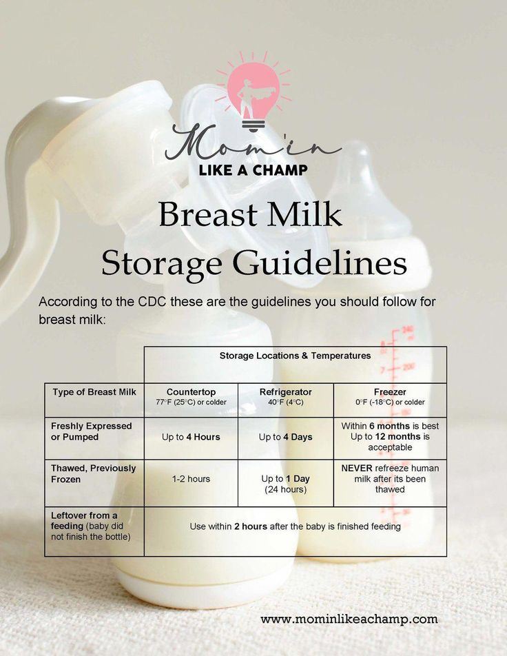 breast milk storage guide with instructions for breast milk and breast milk in the bottle on top