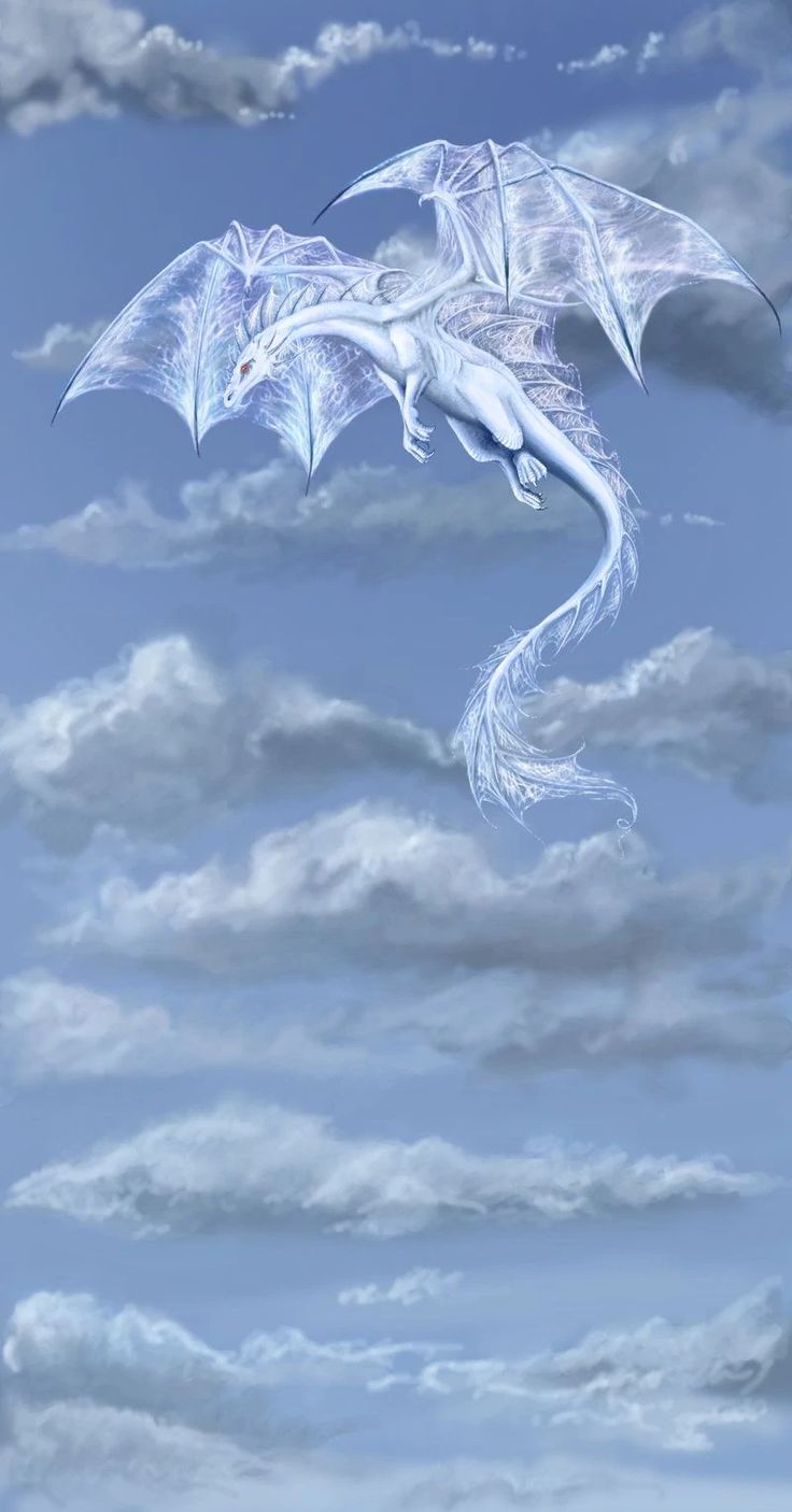 a white dragon flying through the air with clouds in the backgrounnds