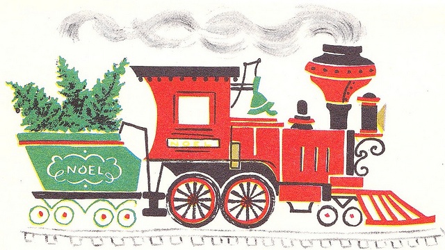 a red train with christmas trees on the front