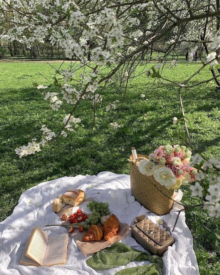 an open book is sitting on a blanket in the grass next to flowers and bread