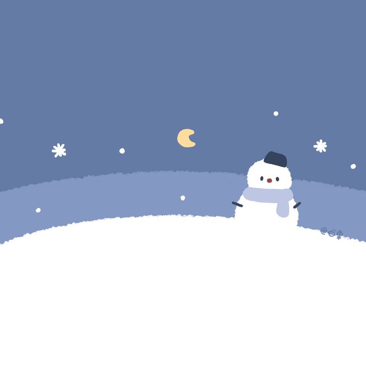 a snowman is standing in the middle of a snowy hill with stars and moon