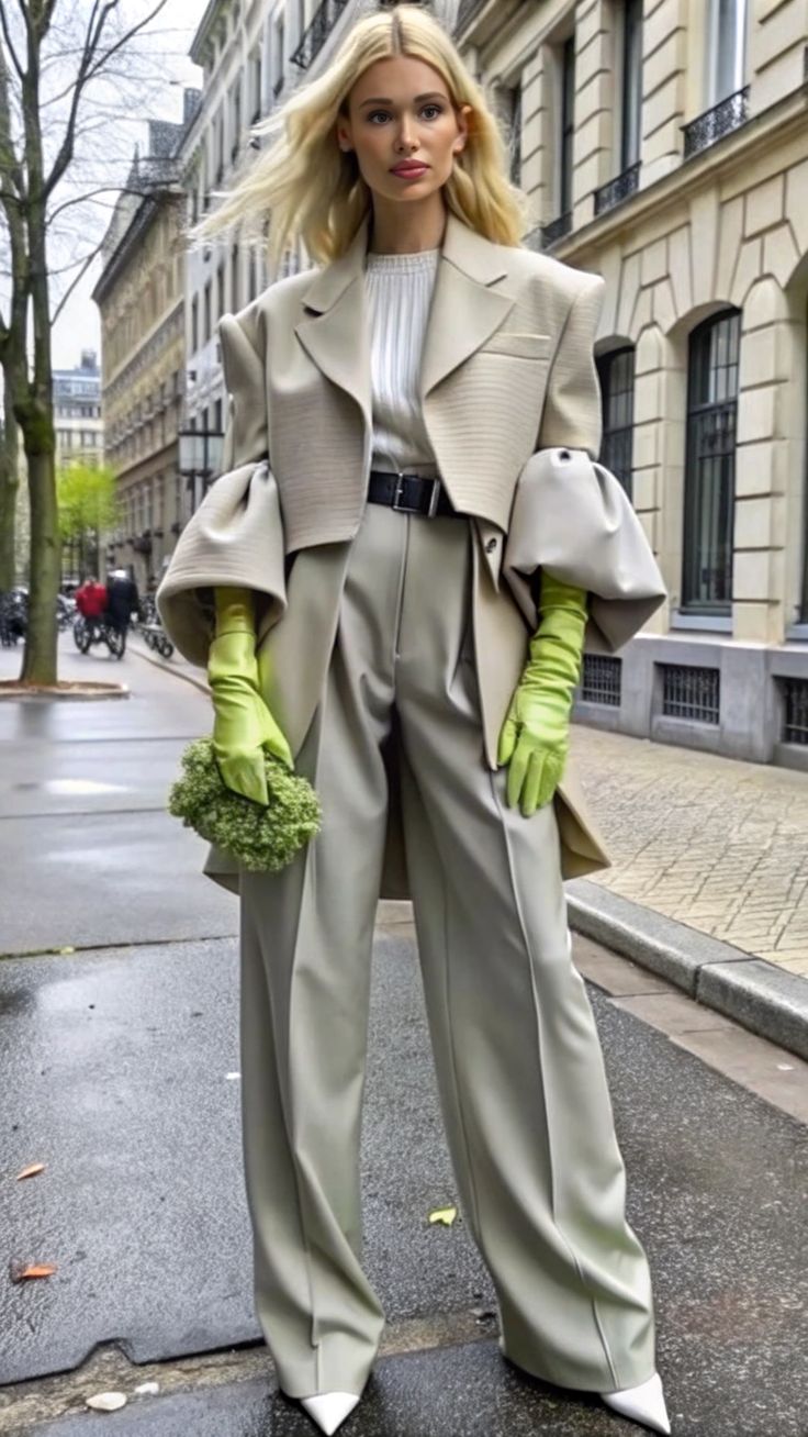 Woman in a chic beige and green street-style outfit, perfect for urban fashionistas Unique Pants Outfits, Unique Fashion Design, Chic Winter Outfits Street Style, Structured Clothing, Structure Clothing, Modest Street Fashion, Green Pants Outfit, Classy Street Style, Green Gloves