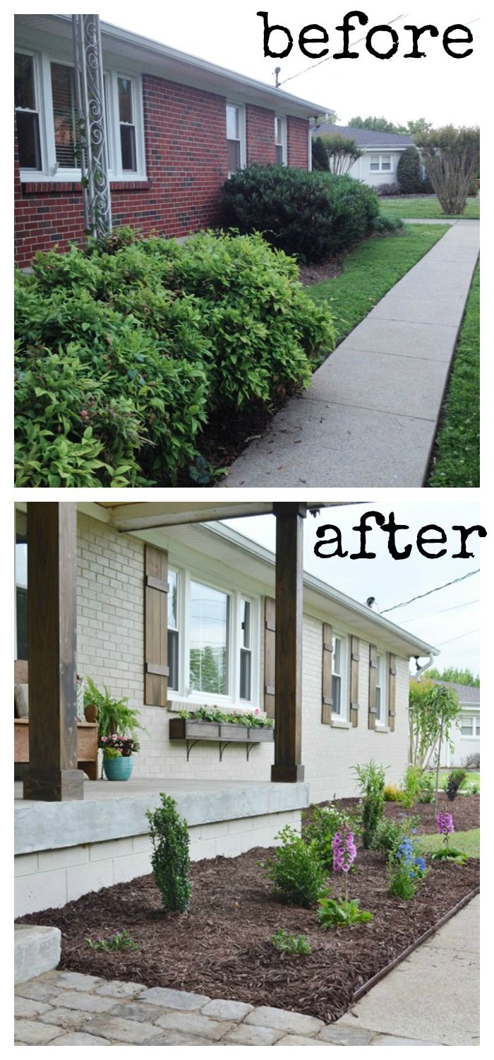 the before and after pictures of landscaping in front of a house with plants growing out of it