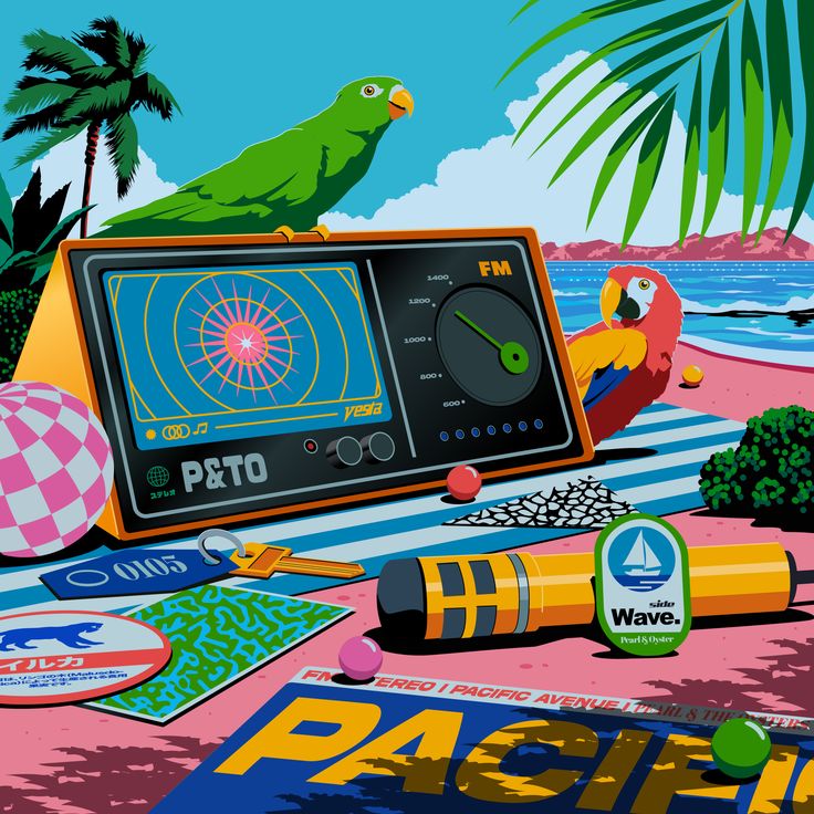 a painting of a radio and some stickers on the ground with palm trees in the background