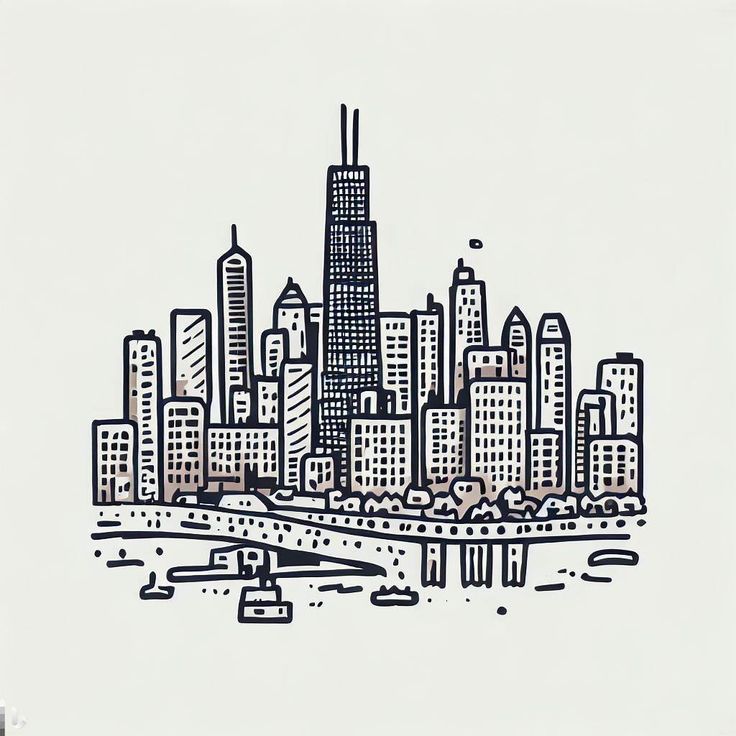 a drawing of a city with tall buildings