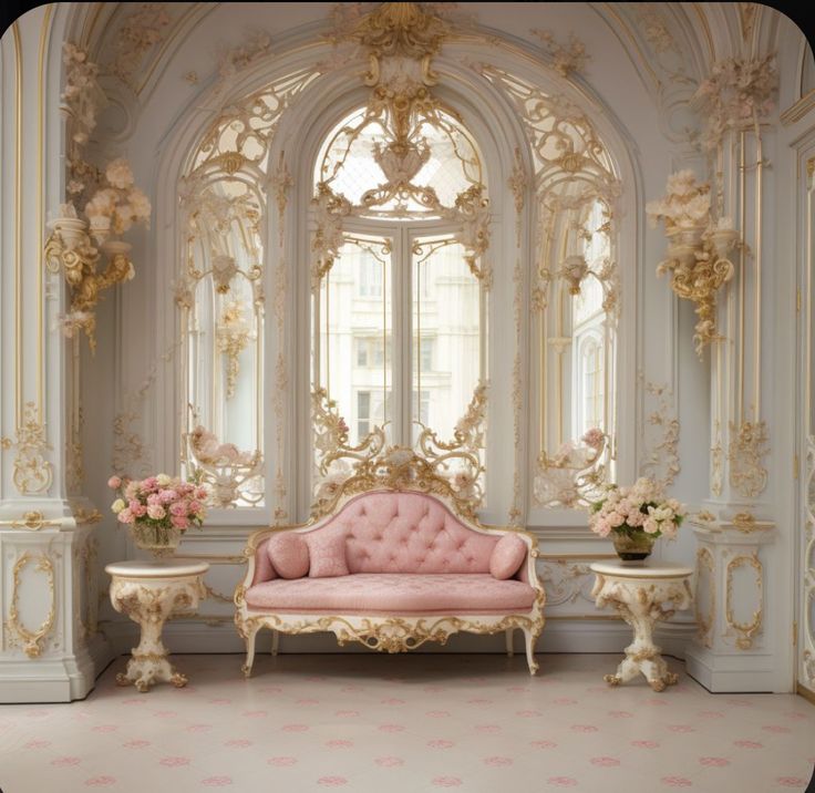 an ornately decorated living room with pink furniture