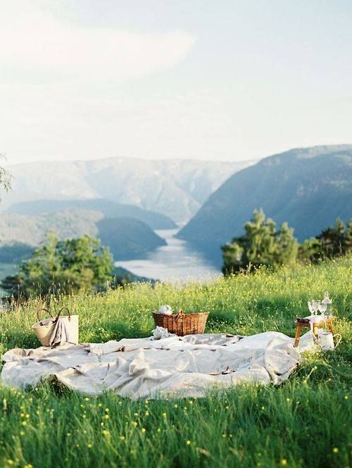 a picnic blanket is set up in the grass with two baskets on it, overlooking mountains and lake