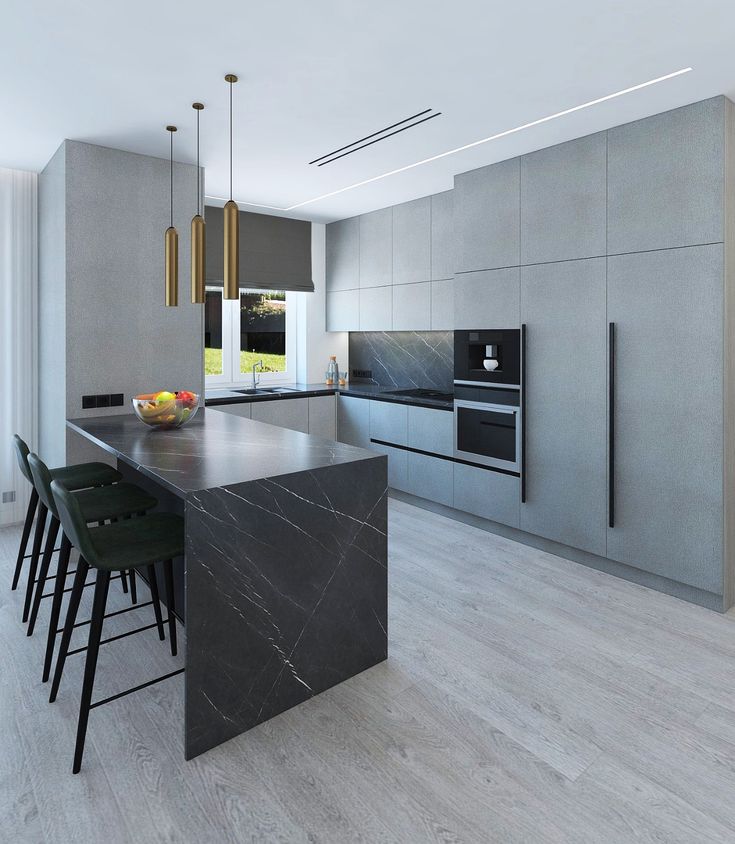 a modern kitchen with marble counter tops and bar stools next to an island in the middle