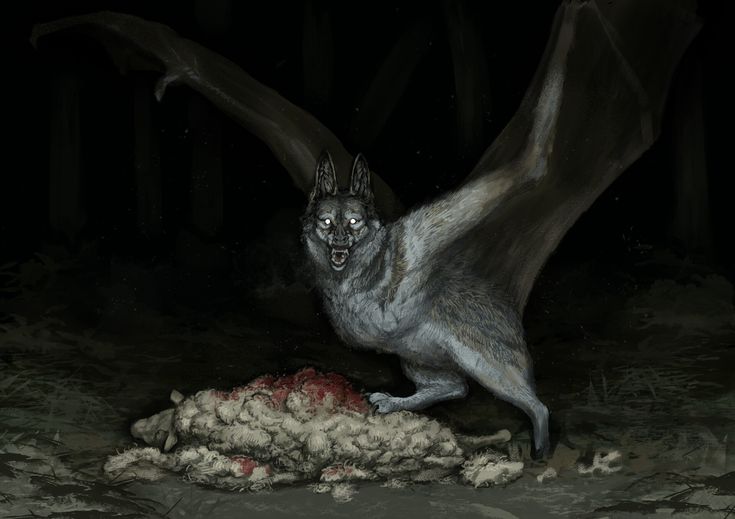 a painting of a bat on the ground with it's wings spread