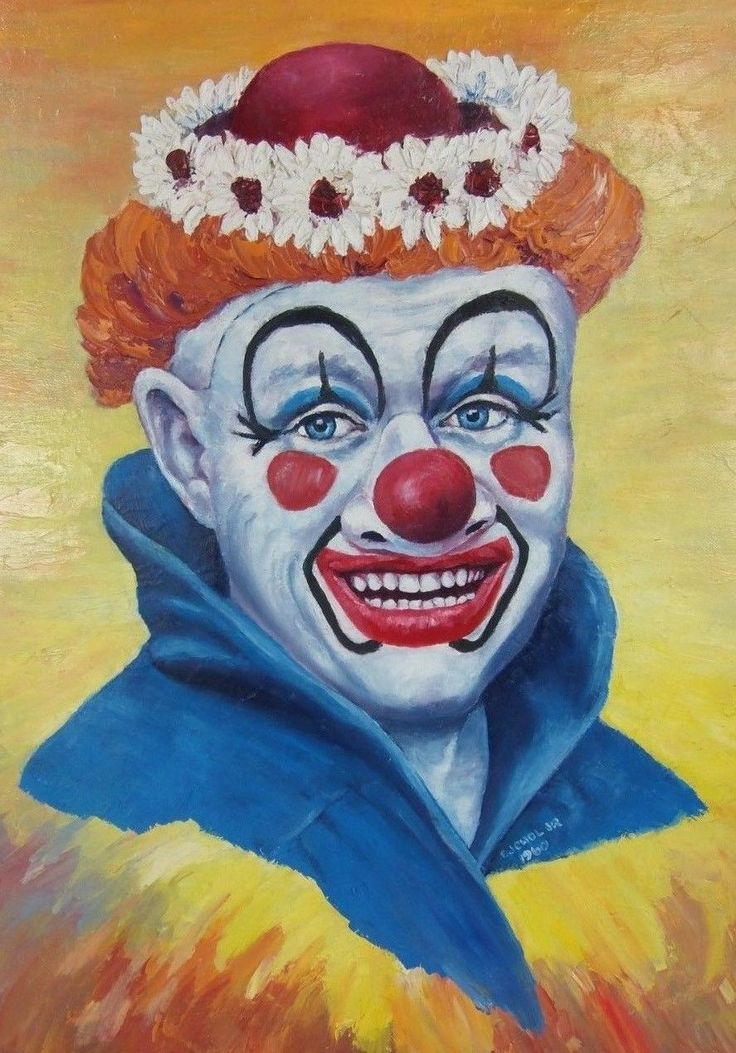 a painting of a clown wearing a red hat