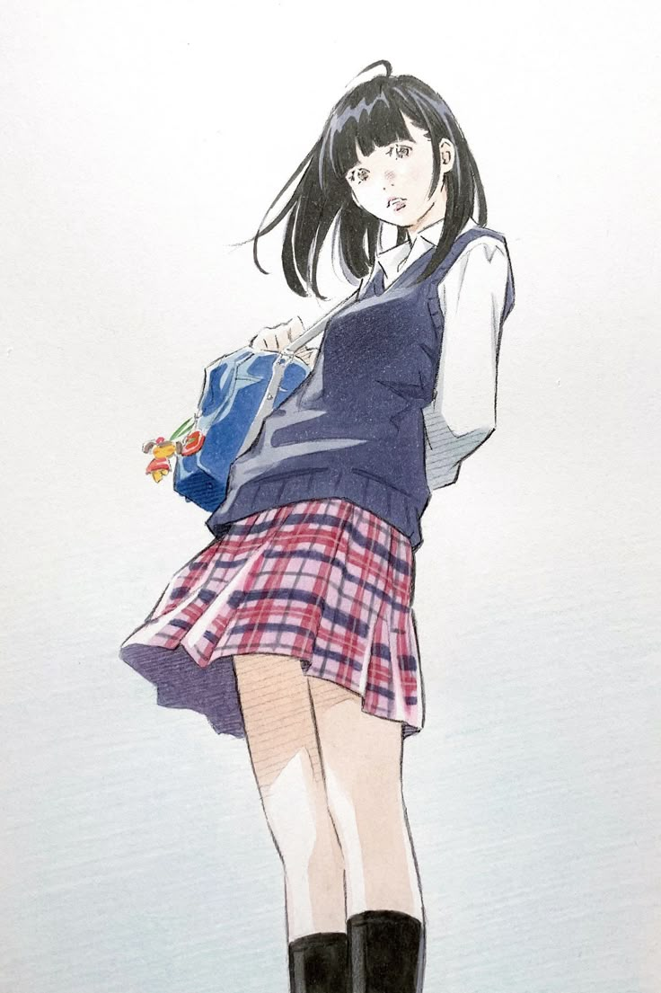 a drawing of a girl with long hair and boots holding a blue bag in her hand