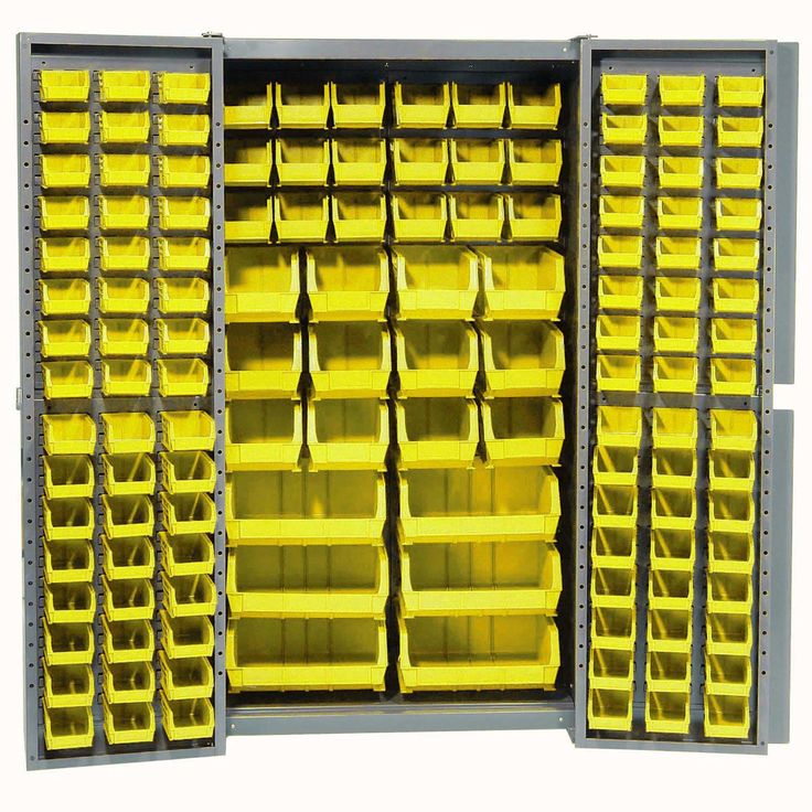 the yellow bins are stacked on top of each other in this storage unit for plastic containers