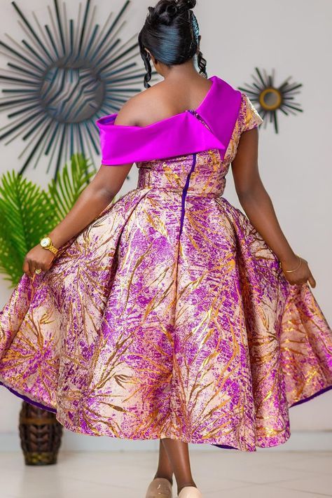 Plus Size Formal Purple All Over Print Oblique Collar One Shoulder Short Sleeve Contrast Zipper Midi Dresses Dress For Women Classy, Materials Gown Style, Classy Short Dresses, African Party Dresses, Modest Dresses Fashion, Fiesta Tropical, African Dresses For Kids, Best African Dresses, Short African Dresses