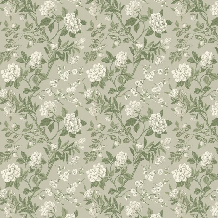 a floral wallpaper with white flowers and green leaves