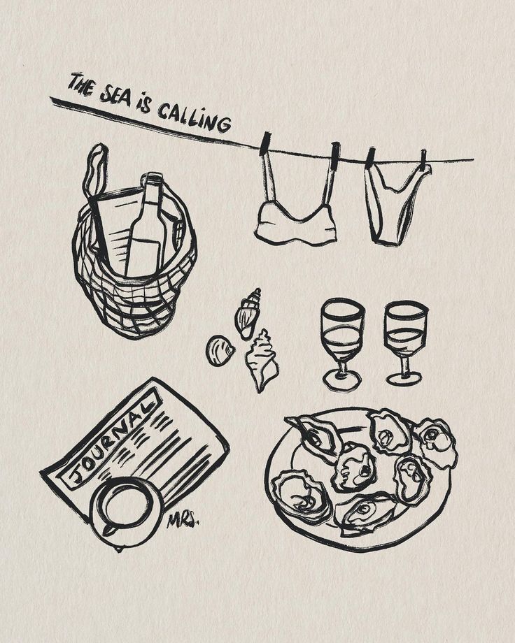 a drawing of clothes hanging on a line with wine glasses and food next to it