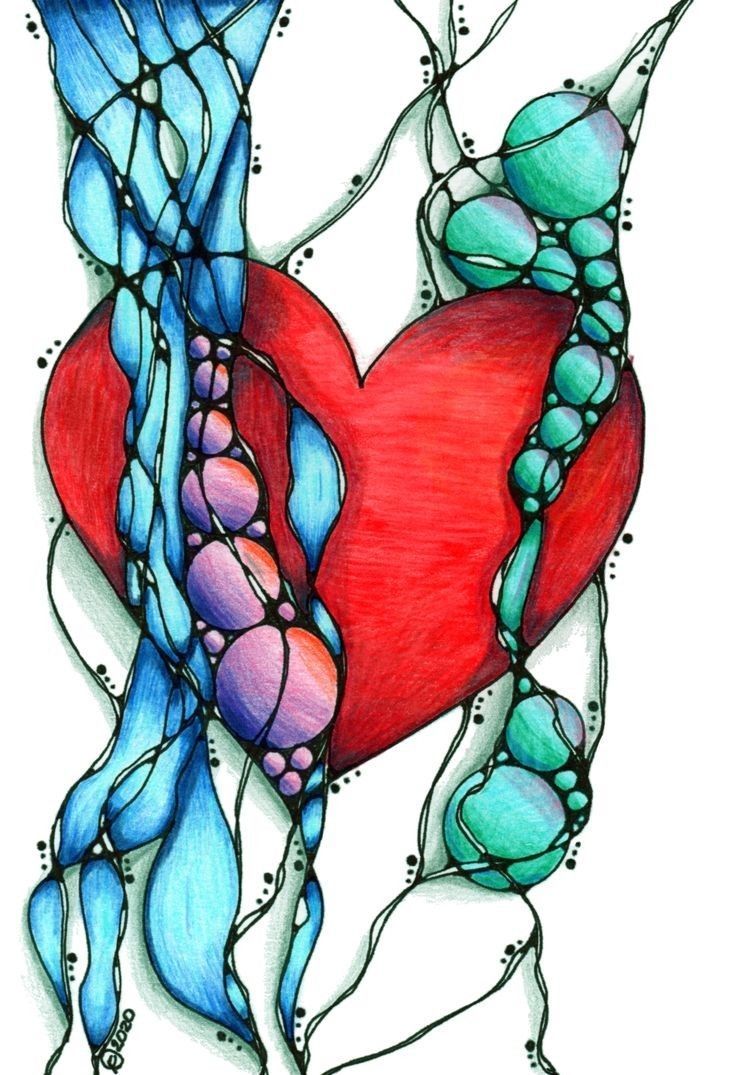 a drawing of a red heart with blue streamers