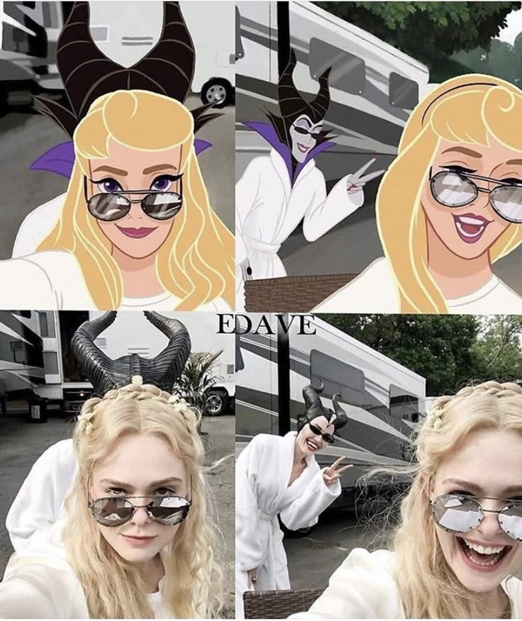 a collage of photos with a blonde woman wearing sunglasses