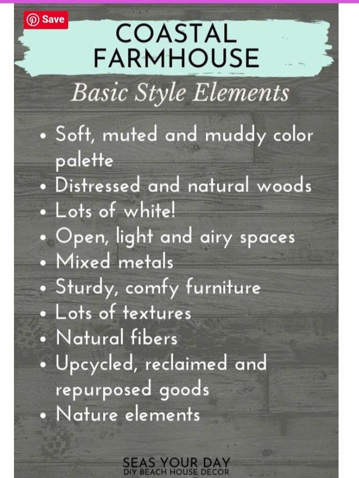 the coastal farmhouse style elements list is displayed on a wooden background with text overlay