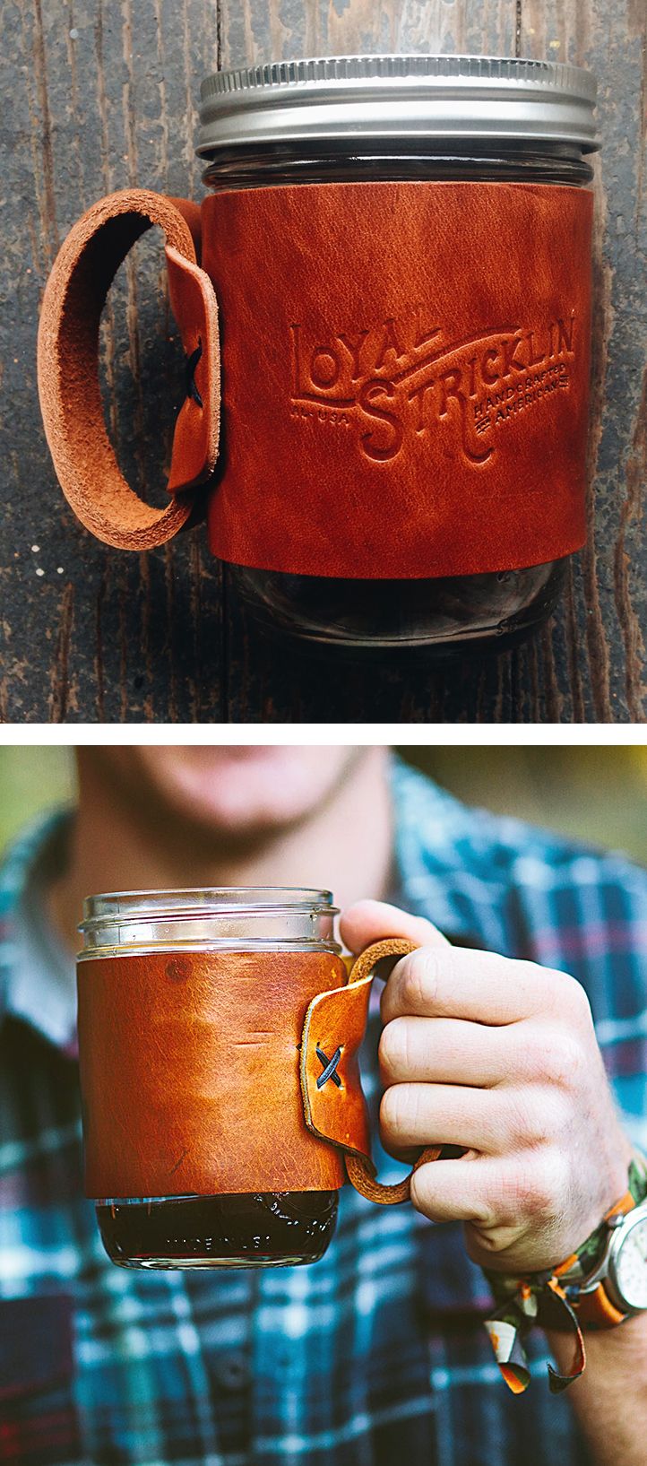 ขวดโหล Mason Jar, Leather Mason Jar, Beer Koozie, Jam Jars, Leather Product, Morning Habits, Gift Design, Leather Crafts, Iron Handles