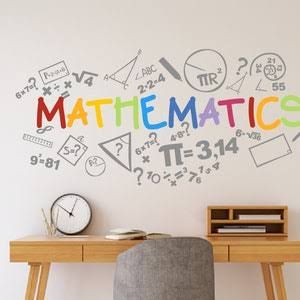 a desk with a chair, clock and wall sticker that says mathematic