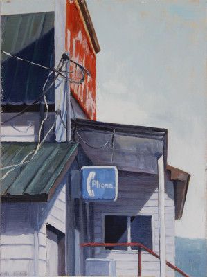 an oil painting of a building with a phone sign on the front and side of it