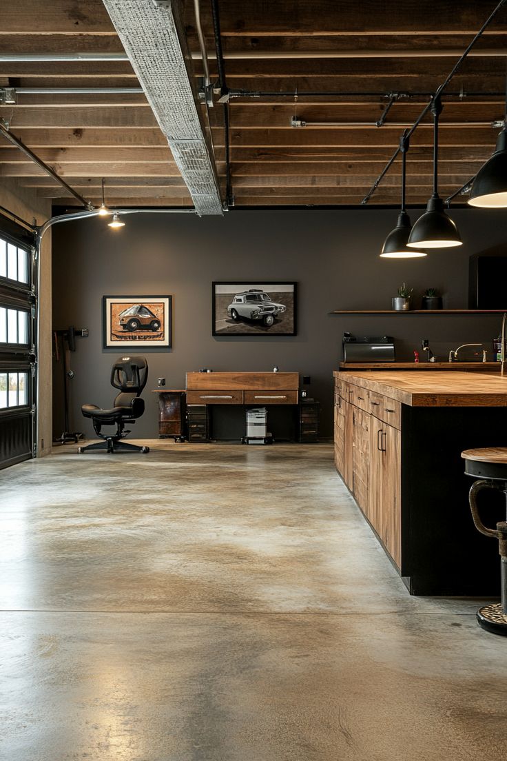 an industrial style office with exposed ceilings and wood accents is pictured in this image from the front view