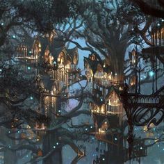 an image of a fantasy forest with lots of trees and lights in the night time