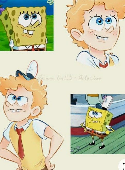 four different pictures of spongebob characters, one with red hair and the other with blue eyes